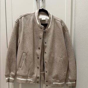 Treasure & Bond WoMen's Beige Taupe Bomber-Style Varsity Jacket